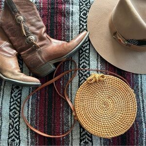 Tan Circular Crossbody Bag with Woven Spiral Design